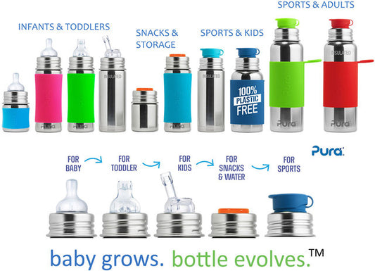All bottles in Pura brand lined up with different accessories on them.