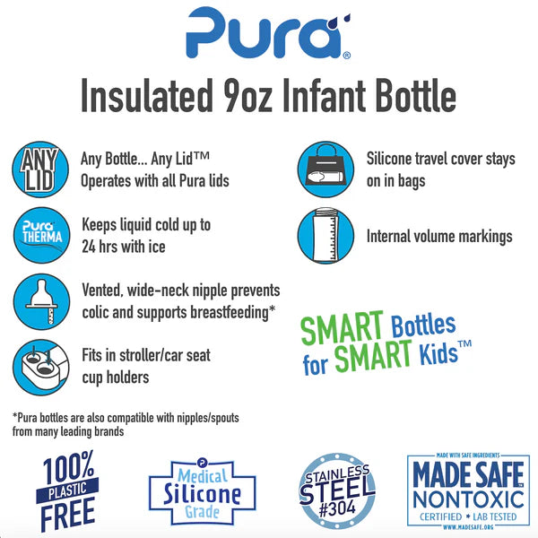 Pura Kiki 260ml Infant Stainless Steel bottle - INSULATED Aqua
